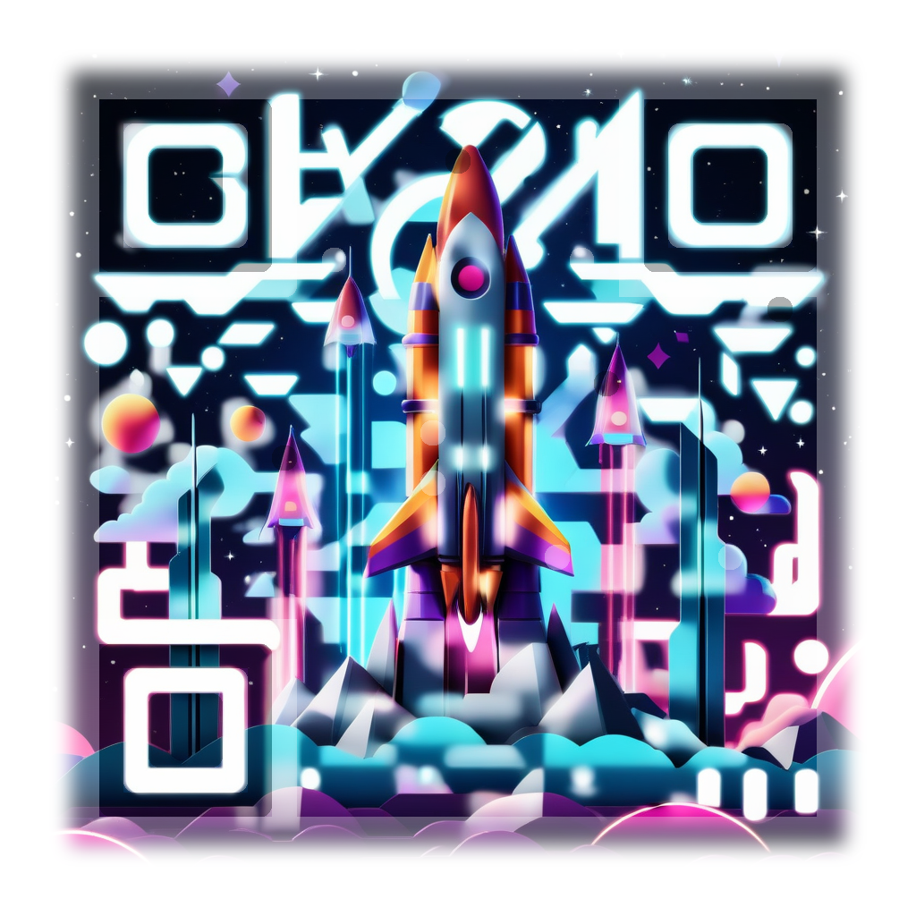 A rocket ship in retro futuristic style that is also a scannable qr code linking to Ben Lang's Linkedin Page.